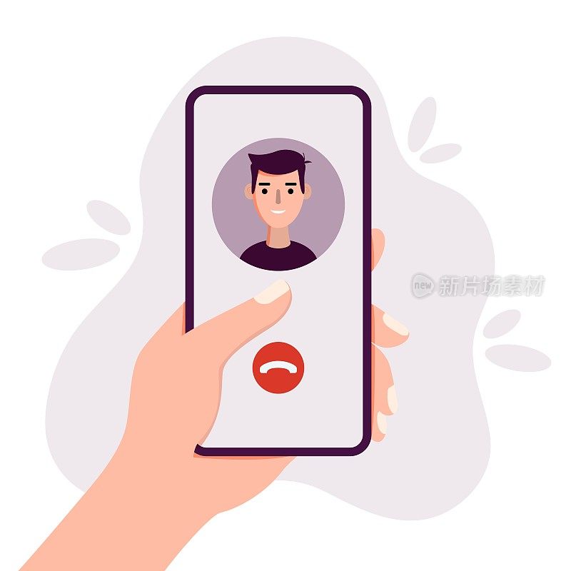 Person holding smartphone in hand and calling via video chat mobile app flat vector illustration